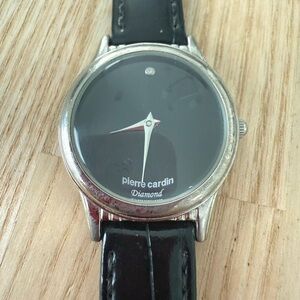Pierre Cardin ladies diamond black leather dress watch NEW BATTERY